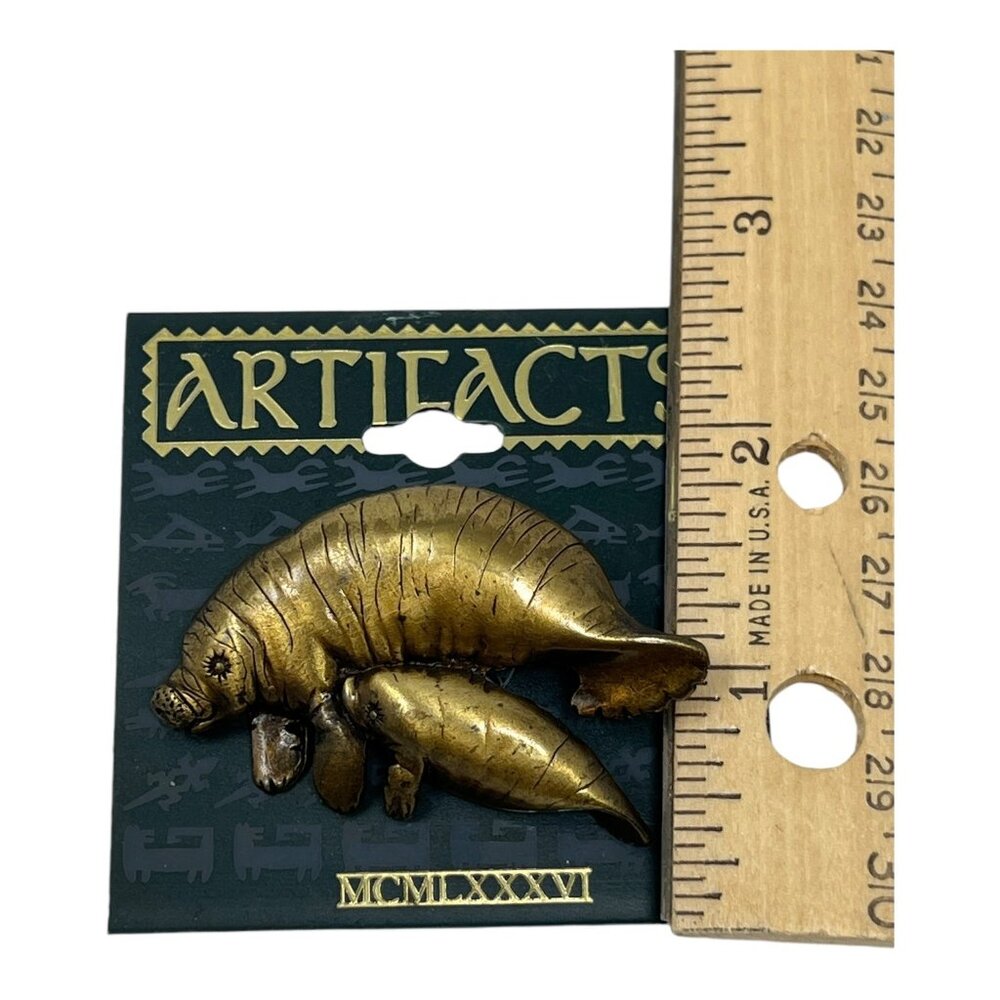 JJ Artifacts Manatee Mommy Baby Brooch Pin Gold Tone Metal 1986 Vintage - Picture 6 of 6